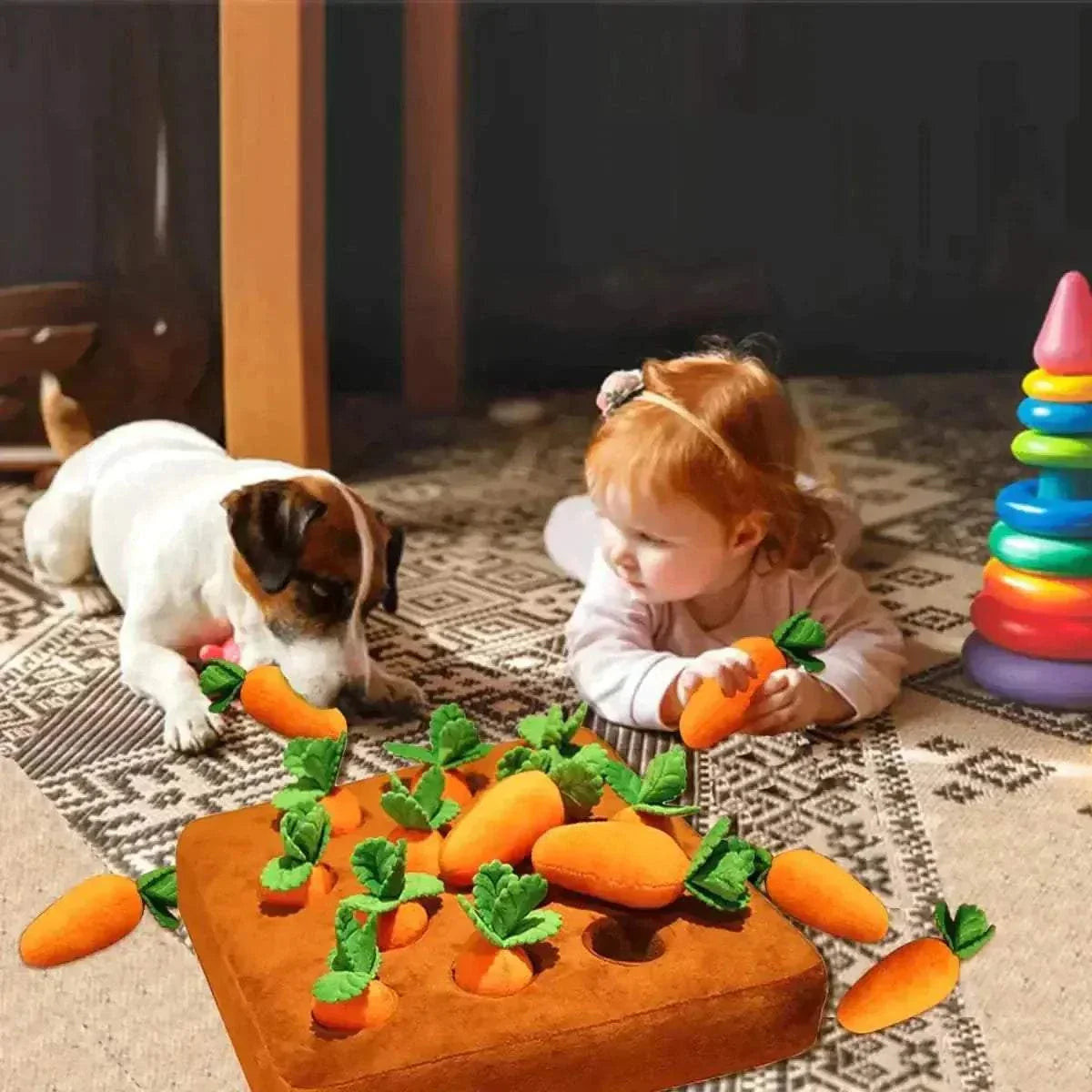 Child and dog playing with Carrot Farm Interactive Plush Dog Toy on a carpeted floor