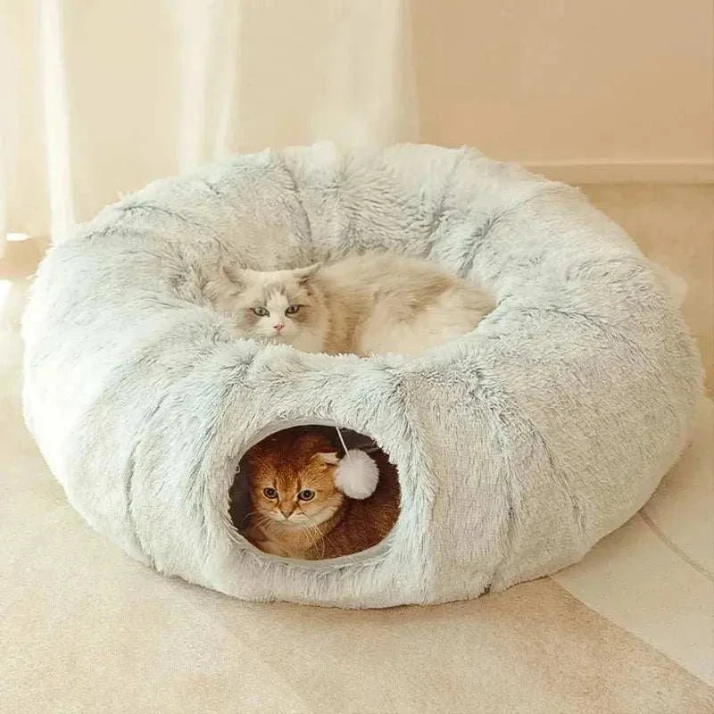 2 In 1 Round Cat Tunnel Bed plush gray cozy bed with hidden tunnel and playful cats inside