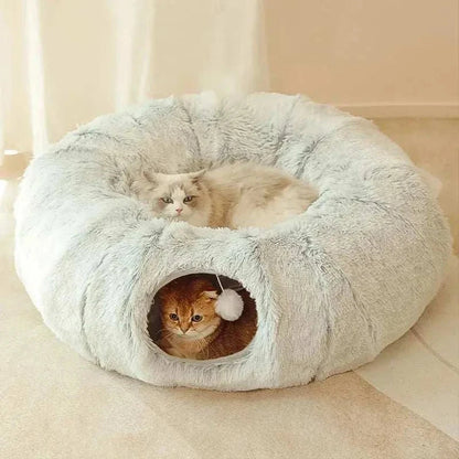 2 In 1 Round Cat Tunnel Bed plush gray cozy bed with hidden tunnel and playful cats inside