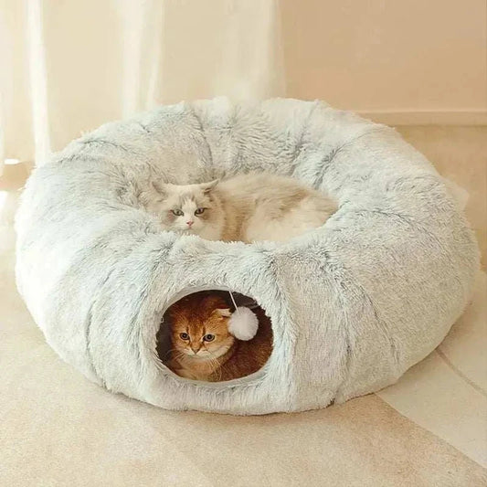 2 In 1 Round Cat Tunnel Bed plush gray cozy bed with hidden tunnel and playful cats inside