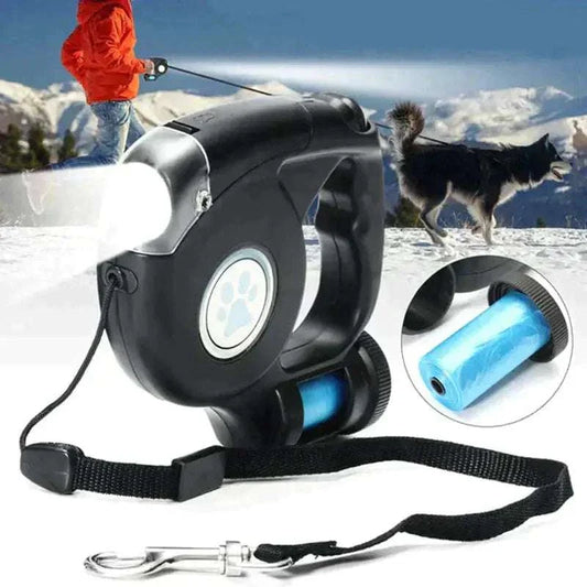 3 in 1 dog leash with retractable nylon strap, built-in LED flashlight, and attached poop bag dispenser for convenient and safe dog walking