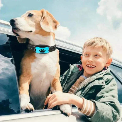 Boy with dog wearing anti-bark dog collar by car window outdoors