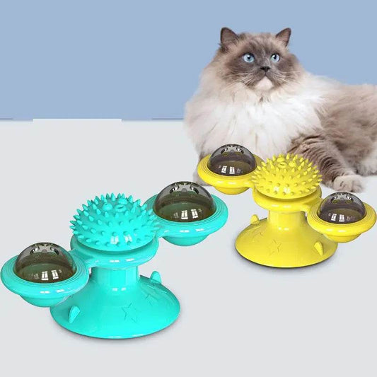 Interactive cat windmill toy in blue and yellow with suction base for stress relief and play stimulation.