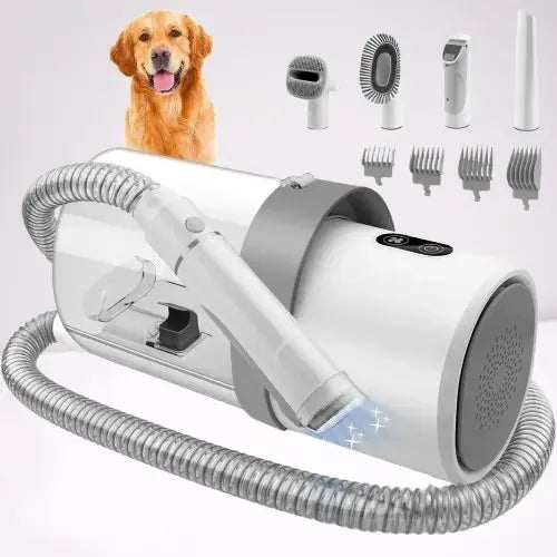 Portable white dog grooming kit with attachments and a happy golden retriever in background