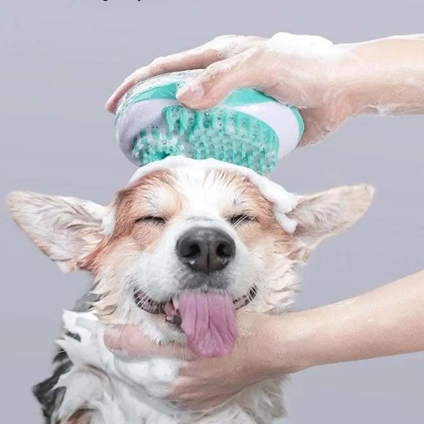Pet Bath Brush with soft silicone bristles gently cleaning and massaging a happy dog during bath time
