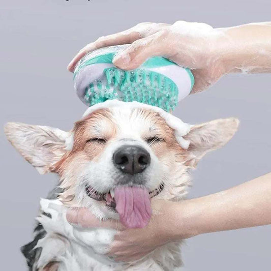 Pet Bath Brush with soft silicone bristles gently cleaning and massaging a happy dog during bath time