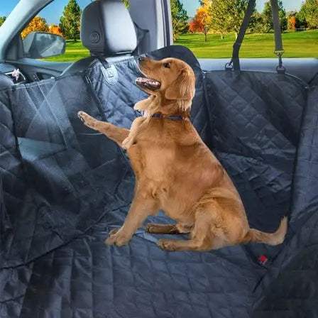 Pet car seat cover with quilted waterproof design and visible mesh window for dog comfort and safety.