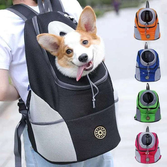 Dog in black breathable mesh pet carrier backpack with adjustable straps and side pockets, shown with four color options: orange, blue, green, and pink.